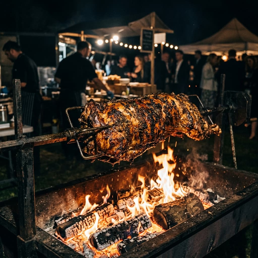 Vițel la proțap pe foc deschis — catering premium pentru nunți